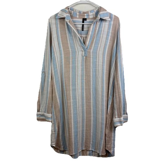 Kay Celine Striped Linen Blend Popover Shirt Dress Small Coastal Beach Preppy - Picture 1 of 11
